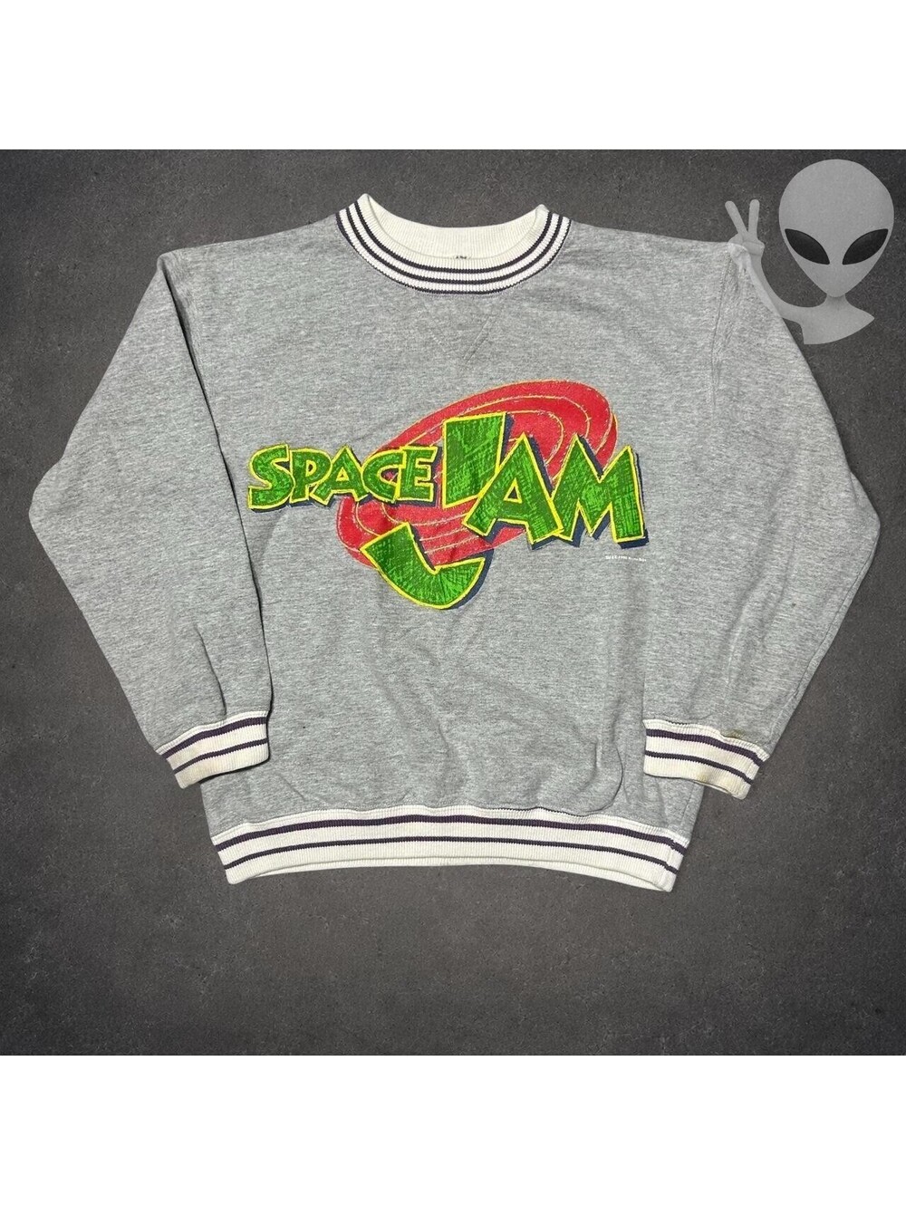 Warner Bros Space Jam Crewneck Sweatshirt women XS Vintage 1996 Gray Striped